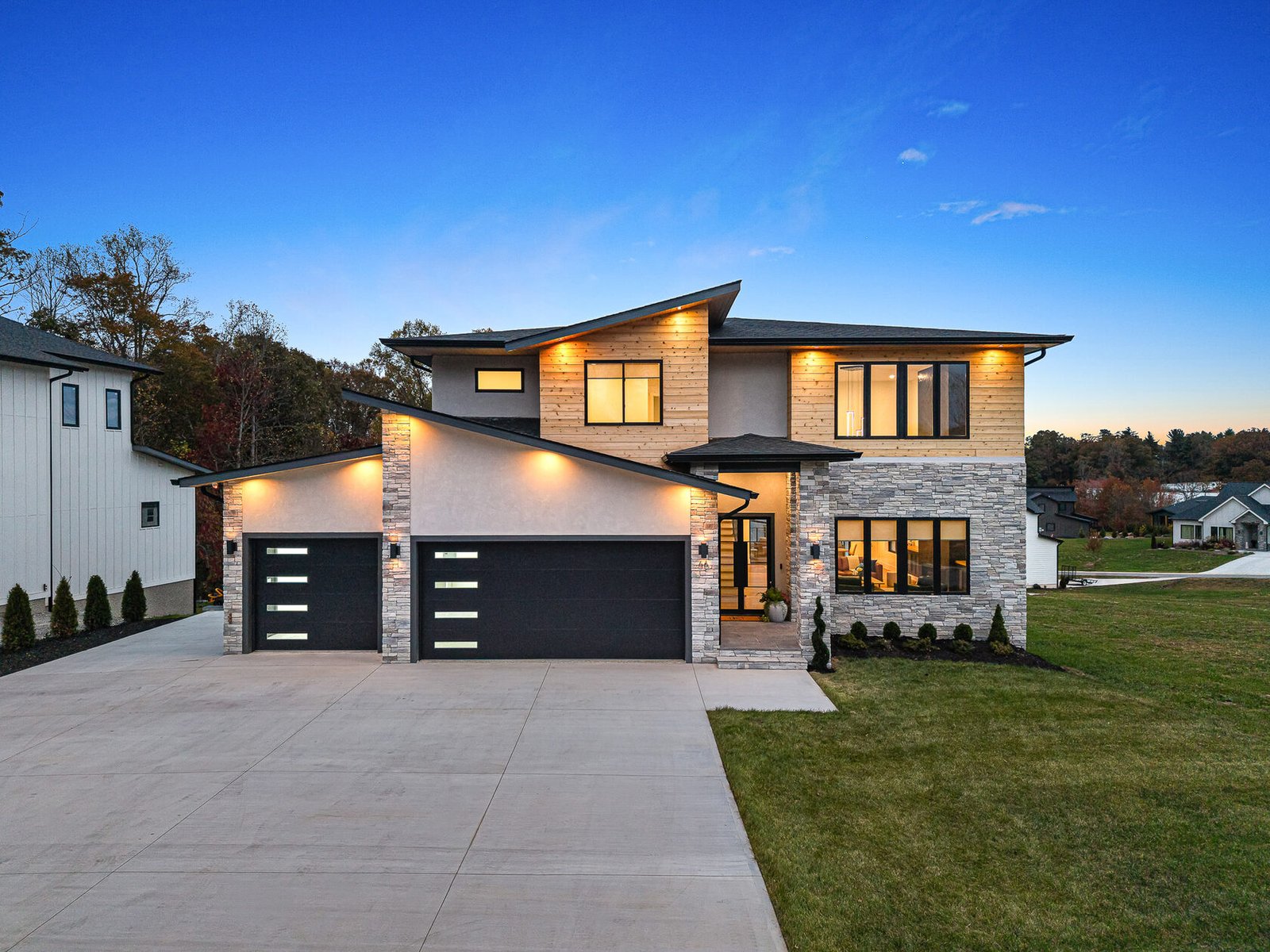 Twilight real estate photograph of a Western North Carolina home at blue hour